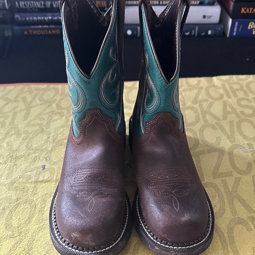 Kids Two-Tone Brown and Teal Pull-On Western Boots